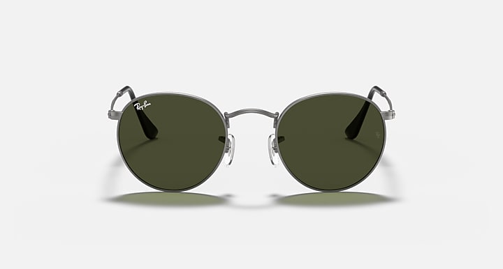 Ray-Ban round metal sunglasses, silver frame with dark green lenses