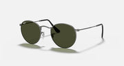 Ray-Ban round metal sunglasses with dark green lenses and dark arms