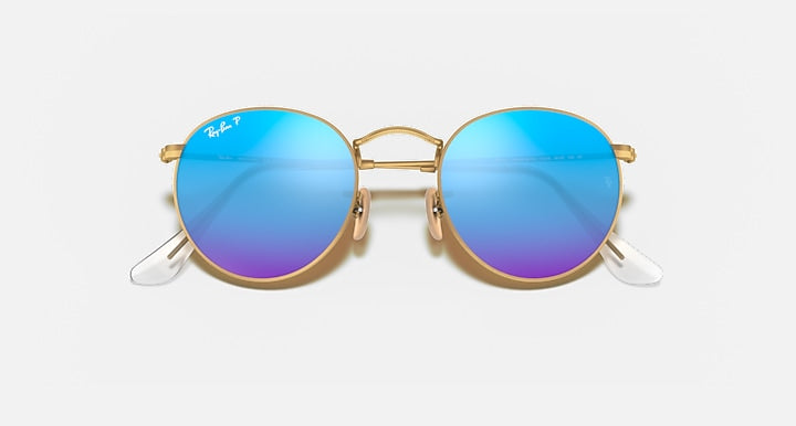 Gold metal round sunglasses with blue gradient lenses and purple lower tint