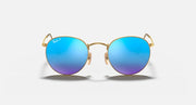 Gold metal round sunglasses, front view, blue mirrored lenses