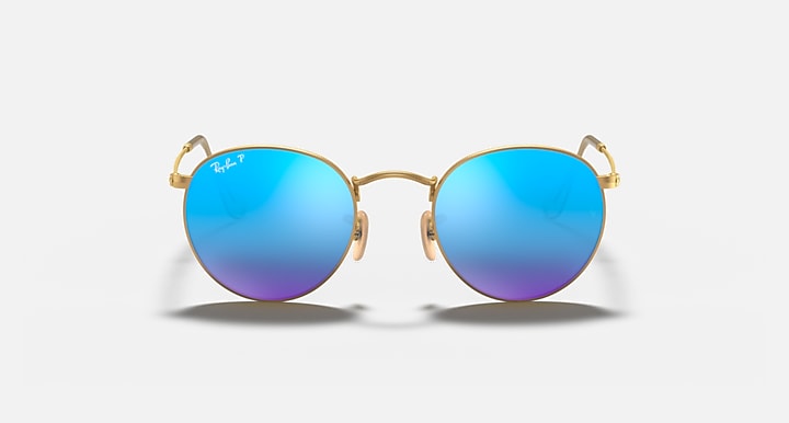 Gold metal round sunglasses, front view, blue mirrored lenses