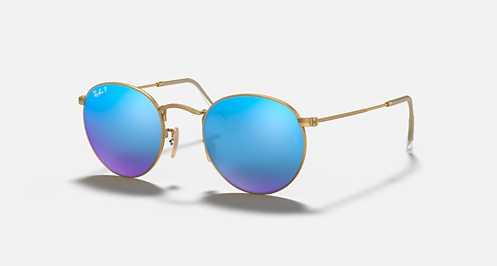 Gold metal round sunglasses with blue-to-purple mirrored lenses