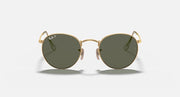 Round metal sunglasses front view with gold frame and dark green lenses
