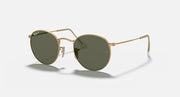 Round metal sunglasses with gold frame and dark green mirrored lenses