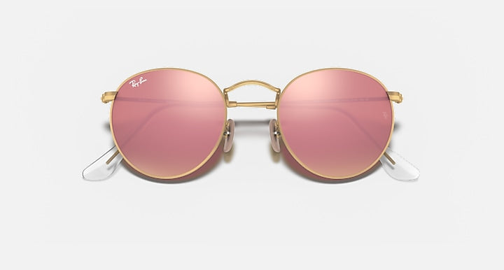 Round metal sunglasses with gold frame and pink gradient mirrored lenses