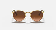 Round metal sunglasses with gold frame and brown tinted lenses, front view