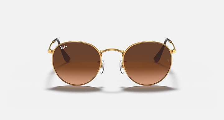 Round metal sunglasses with gold frame and brown tinted lenses, front view