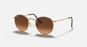 Round metal sunglasses with gold frame and brown tinted lenses, straight arms