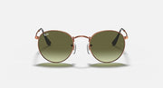 Round metal sunglasses with rose-gold frame and olive tinted lenses, front view