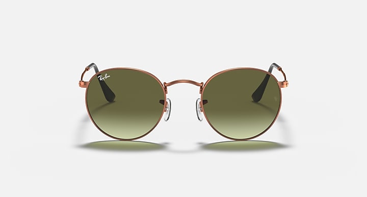 Round metal sunglasses with rose-gold frame and olive tinted lenses, front view