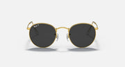Gold round metal sunglasses with dark smoke lenses, front view with bridge detail.