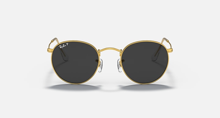 Gold round metal sunglasses with dark smoke lenses, front view with bridge detail.