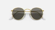 Round metal sunglasses with gold frames and dark gray mirrored lenses