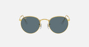 Gold round metal sunglasses with blue-tinted lenses, symmetrical front view.