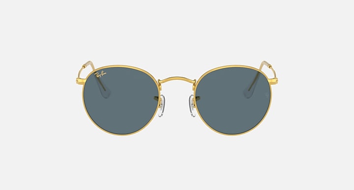 Gold round metal sunglasses with blue-tinted lenses, symmetrical front view.