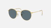 Gold round metal sunglasses with blue-tinted lenses and slim clear nose pads.