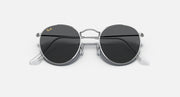 Round metal sunglasses with black lenses and shiny silver frame, front view.