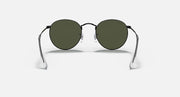 Round metal sunglasses with olive lenses and black frame, front view.