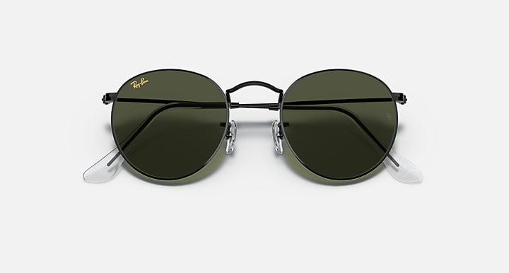 Round metal sunglasses with black lenses and black frame, front view.