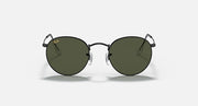 Round metal sunglasses with olive lenses and black frame, front view.