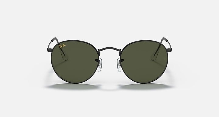 Round metal sunglasses with olive lenses and black frame, front view.
