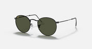 Round metal sunglasses with olive lenses and black frame, side view.