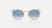Round metal sunglasses by Ray-Ban, rose gold frames, blue mirrored lenses, straight-on