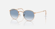 Round metal sunglasses by Ray-Ban, rose gold frames, blue mirrored lenses, front view