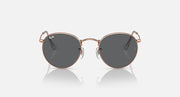 Round metal sunglasses with rose gold frames and dark tinted lenses, front view.
