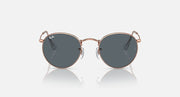 Round metal sunglasses, rose gold-tone frame with dark gray tinted lenses