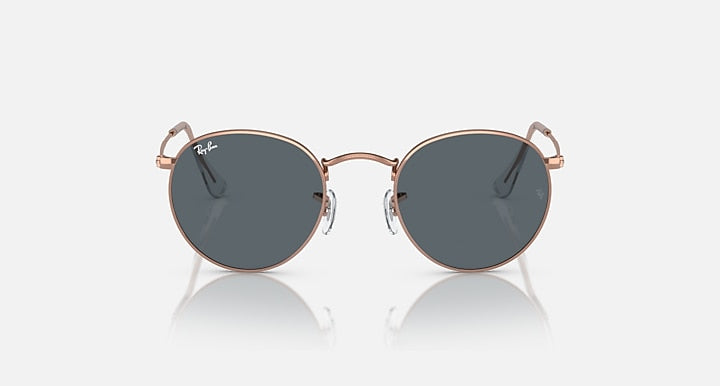 Round metal sunglasses, rose gold-tone frame with dark gray tinted lenses
