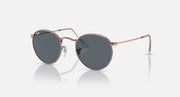 Round metal sunglasses with rose gold-tone frame and dark gray lenses