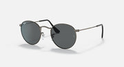 Round metal sunglasses with dark frames and charcoal tinted lenses