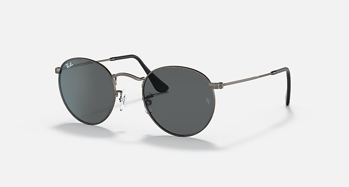 Round metal sunglasses with dark frames and charcoal tinted lenses