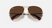 Ray-Ban aviator sunglasses with gold frame and brown lenses, top view