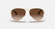 Ray-Ban aviator sunglasses with gold frame and brown lenses, front view