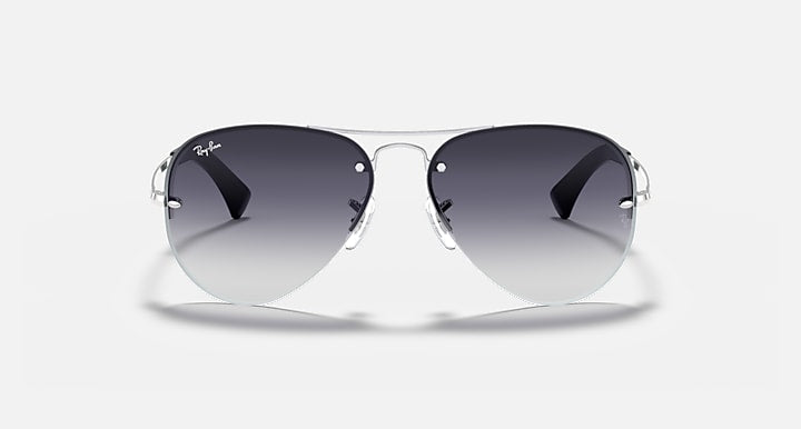 Ray-Ban aviator sunglasses, silver frame with dark gray gradient lenses front view