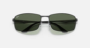 Ray-Ban RB3498 sunglasses with dark green lenses and matte gunmetal frame, front view