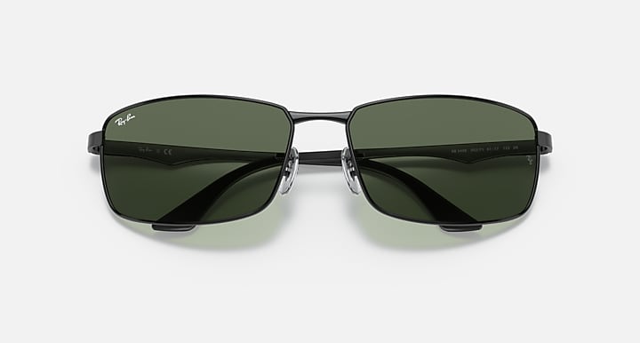 Ray-Ban RB3498 sunglasses with dark green lenses and matte gunmetal frame, front view