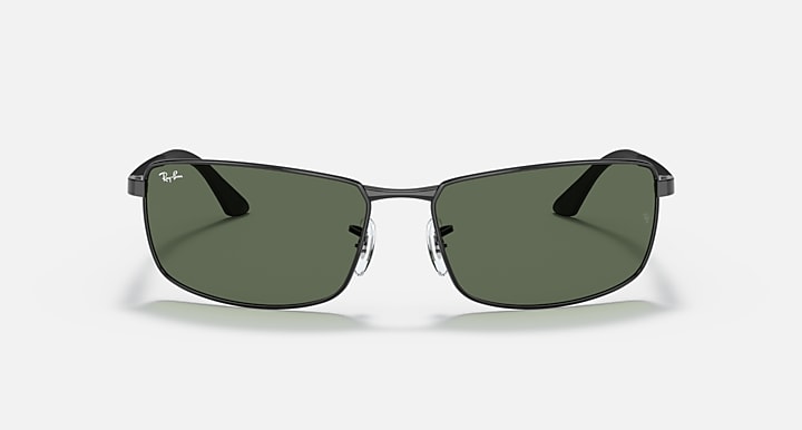 Ray-Ban RB3498 sunglasses with dark green lenses and matte black frame, front view