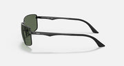 Ray-Ban RB3498 sunglasses with dark green lenses and black frame, side profile view