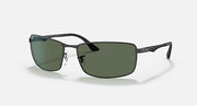 Ray-Ban RB3498 sunglasses with dark green lenses and matte black frame, angled front view