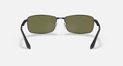 Ray-Ban RB3498 sunglasses, olive lenses, black frame with nose bridge detail, front view