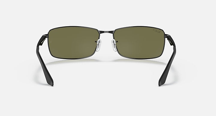 Ray-Ban RB3498 sunglasses, olive lenses, black frame with nose bridge detail, front view