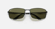 Ray-Ban RB3498 sunglasses, dark olive lenses, black frame, close front view