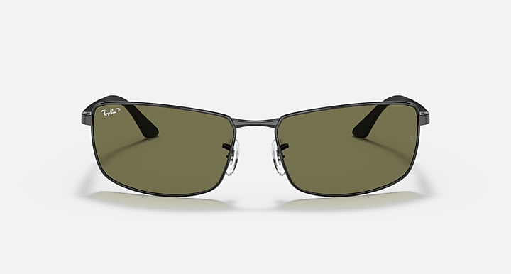 Ray-Ban RB3498 sunglasses, olive-tinted lenses, black frame, straight-on view