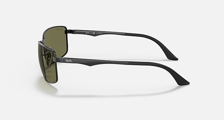 Ray-Ban RB3498 sunglasses, dark olive lenses, black frame, side view of temples