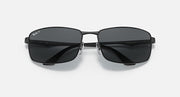 Ray-Ban RB3498 sunglasses with black lenses and matte black frame, front view