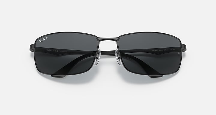 Ray-Ban RB3498 sunglasses with black lenses and matte black frame, front view