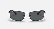 Ray-Ban RB3498 sunglasses with dark gray lenses and matte black frame, front view
